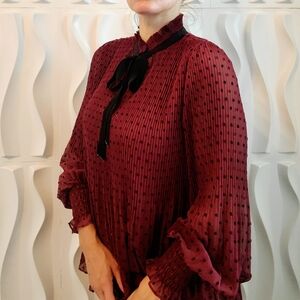 Max Studio Red Bell Sleeve Blouse with Ruffled Tie Front